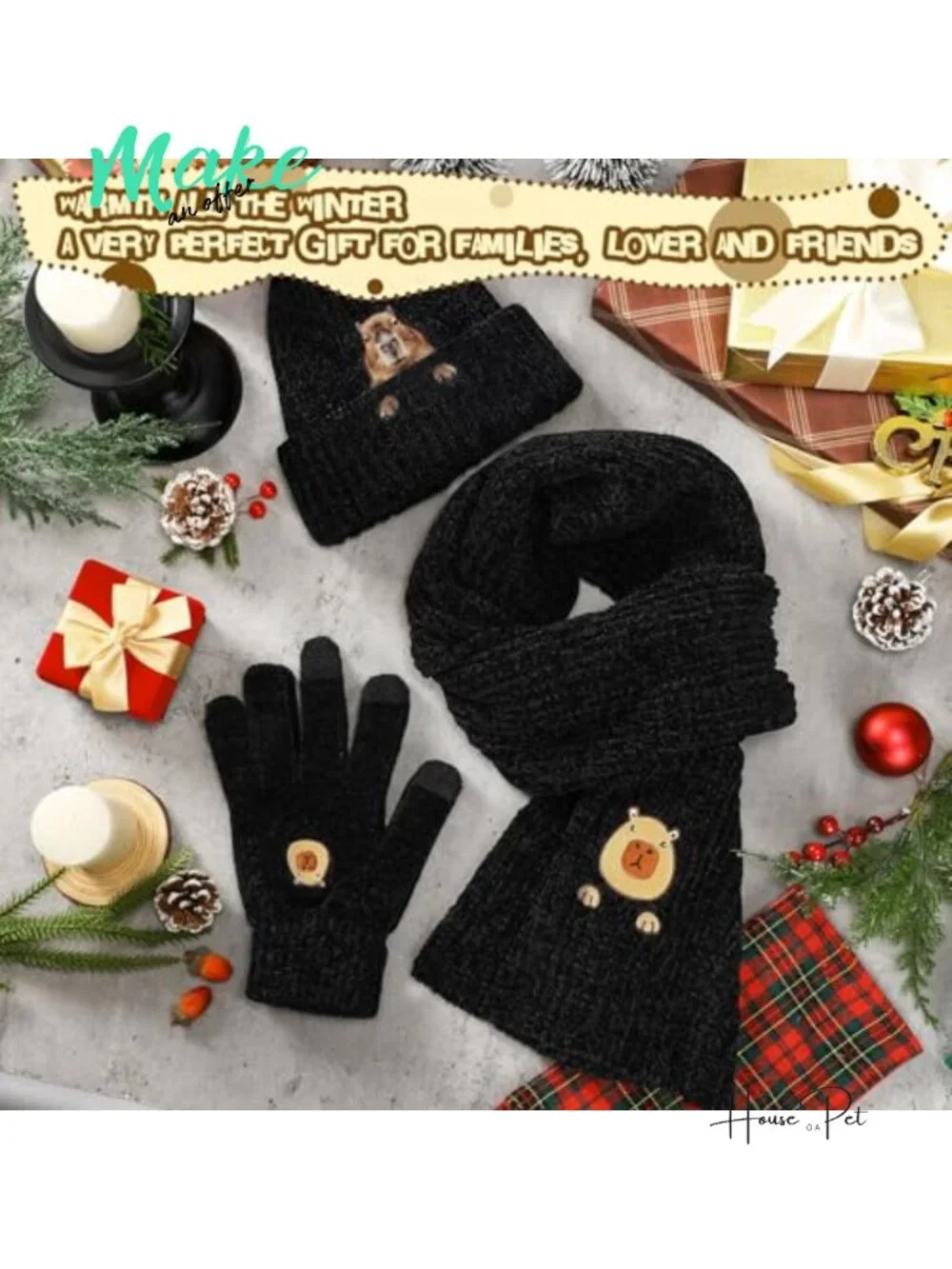 Knit Beanie Scarf Touchscreen Gloves 3 Piece Set Winter Warm